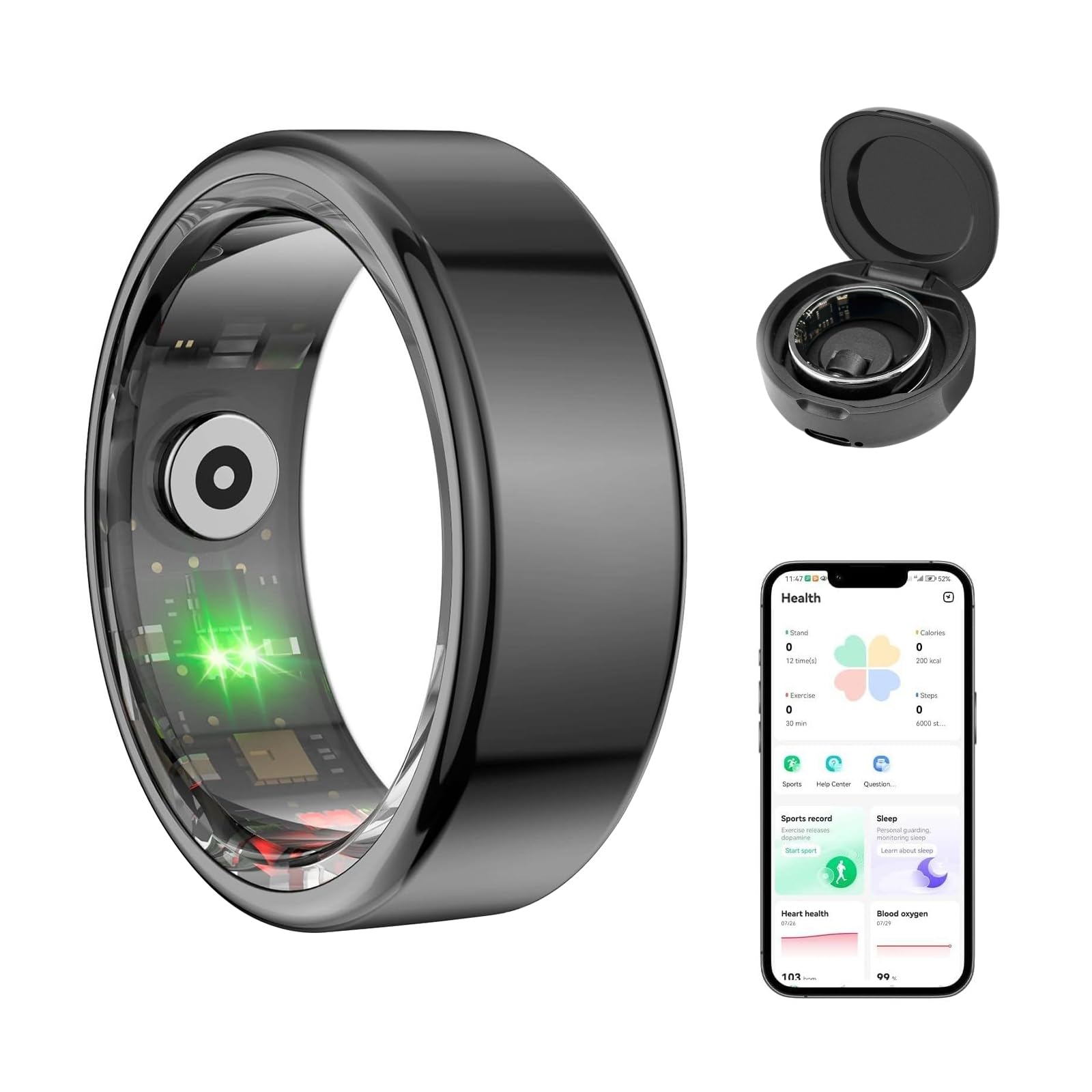 Bluetooth Smart Ring Health Tracker with Sleep Monitoring,Heart Rate,Fitness Tracker,Blood Oxygen,Calories, Waterproof,Health Rings for Men/Women,Compatible with Android,iOS(Size 12)