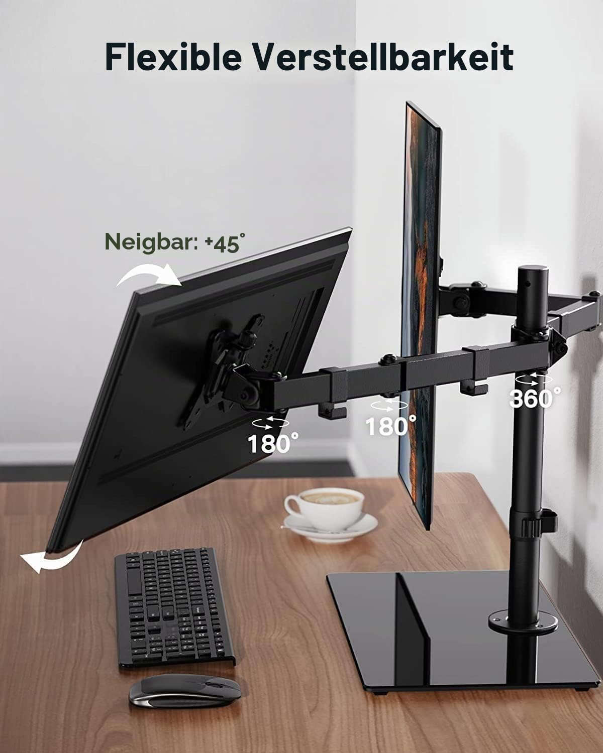 ErGear Monitor Halterung 2 Monitore für 13-32 Zoll Bildschirm, Bildschirmhalterung 2 Monitore mit Freistehender Sockel, Schwenkung 180° Drehung 360° VESA 75/100mm, 8KG pro Arm Gaming