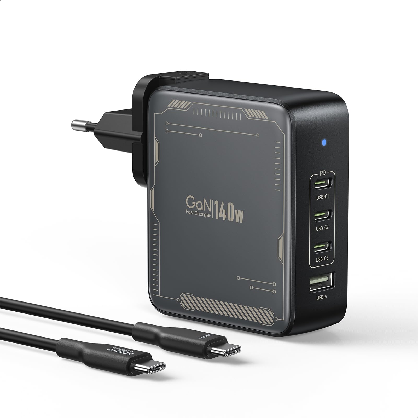 SELORE - Caricatore USB C GaN da 140 W, 4 porte, con cavo da USB C a USB C da 2 m, 140 W, alimentatore di rete PD 3.1 per MacBook Pro/Air, iPhone 17/16/15, Samsung S25/S24, iPad, caricatore per laptop