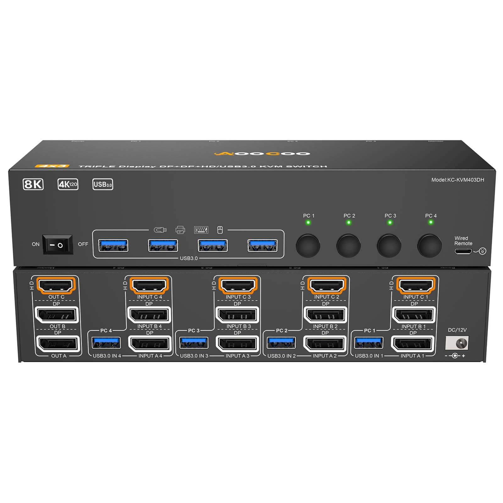 HDMI Displayport KVM Switch 3 Monitors 4 PC 8K@60Hz/4K@144Hz KVM Switches with USB 3.0 Port,Wired Remote,Power Adapter and USB3.0 Cables Included