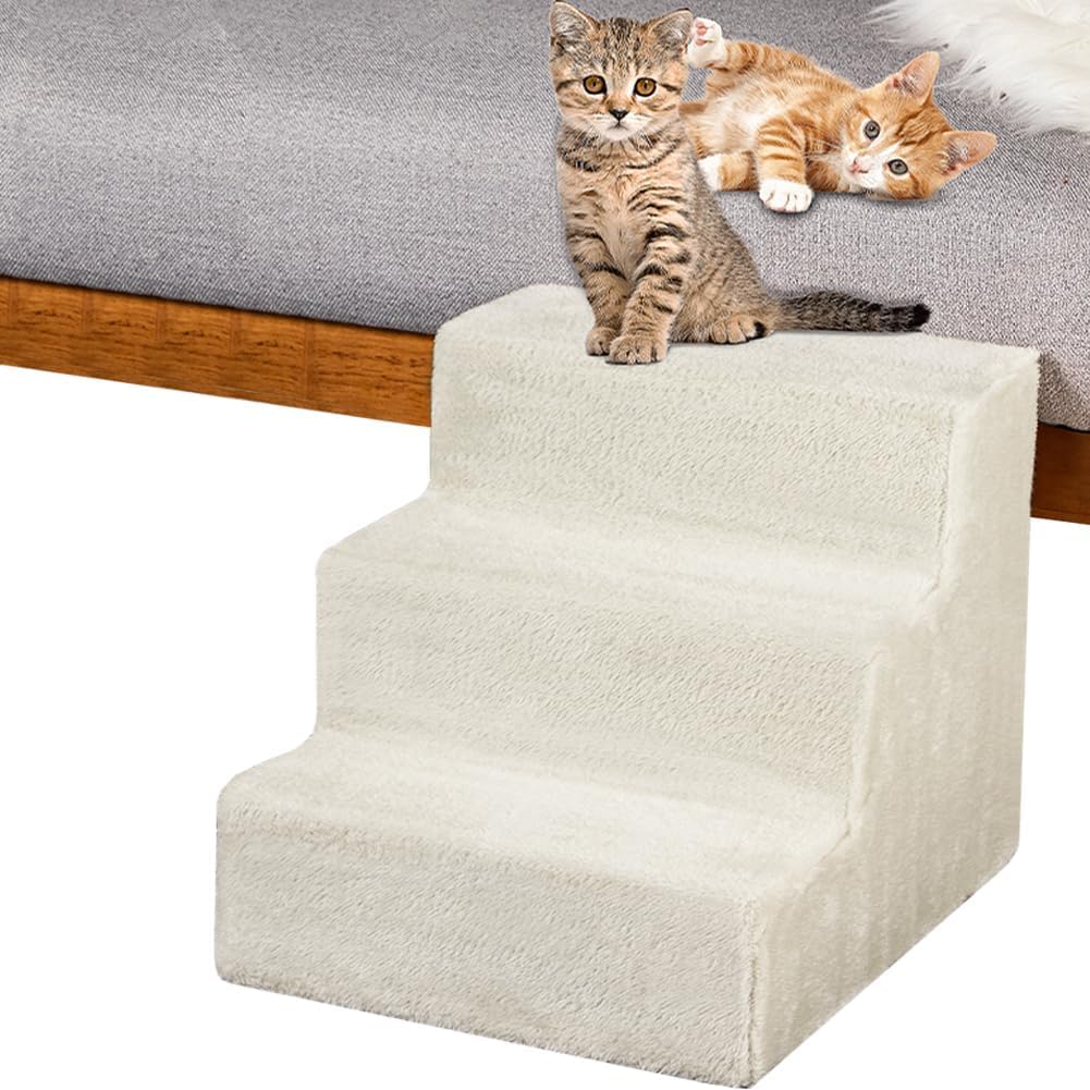 BAKAJI Scala per Animali Domestici con 3 Gradini e Rivestimento Sfoderabile in Peluche, Rampa per Gatti e Cani Anziani, Scaletta con Imbottitura ad Alta Densità, 45,5 x 36 x 34 cm… (Beige)