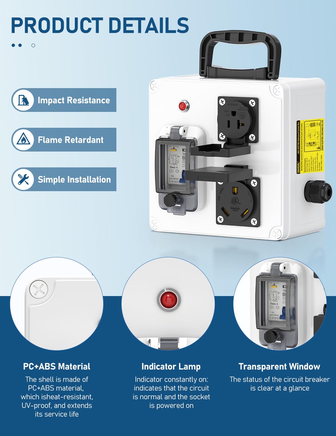 DIHOOL RV Outdoor Outlet Box with 30 amp NEMA TT30, 20amp L5-20 Receptacles and Type A 40 amp 30ma GFCI Circuit Breaker, Pre Wired, 125V Portarble Temporary Power Distribution Box, IP44 Waterproof - Image 3