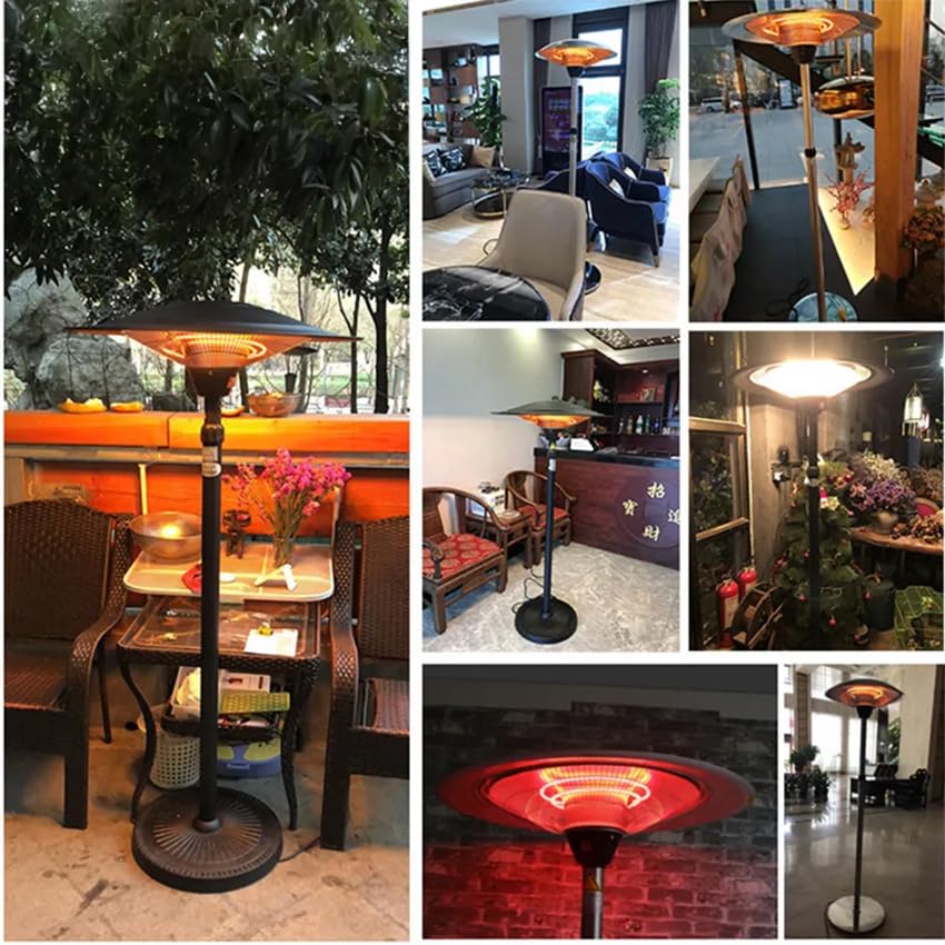 Estufa de cuarzo de exterior 2100W con pie, ideal para calentar terrazas y espacios al aire libre rápidamente.
