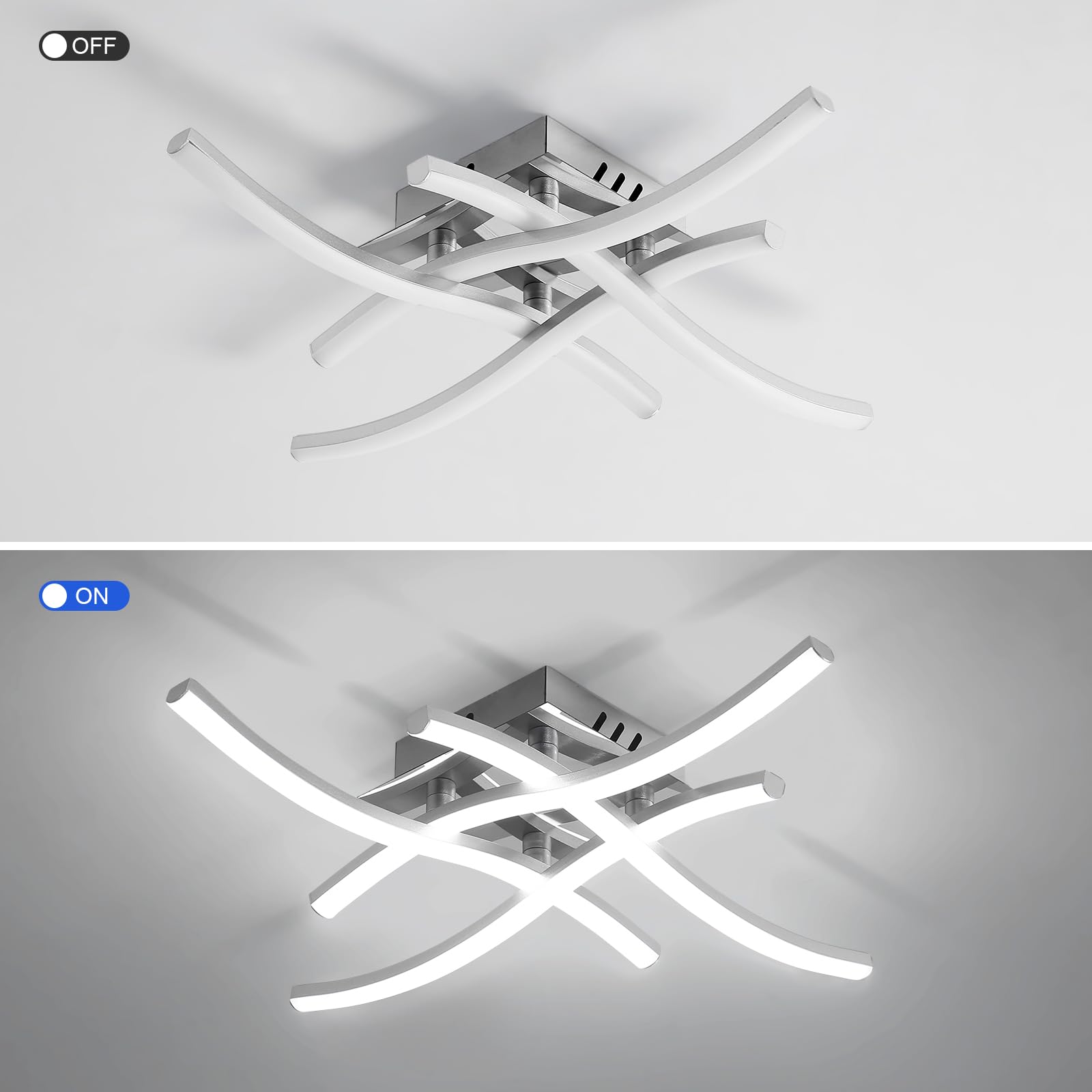 Dorlink Plafoniera LED Soffitto Moderna, 24W 2160LM Lampadario LED Camera da Letto, 6500K Bianco Freddo Lampadari Cucina, 4 Luci Plafoniera Onde Sfalsate Argento, Lampadario Soggiorno, Ø45CM