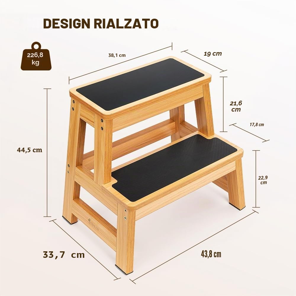 StrongTek Sgabello in legno 43 cm per adulti e bambini, versatile per cucina/letto/armadio, superficie antiscivolo, sicurezza e stabilità, capacità 227kg