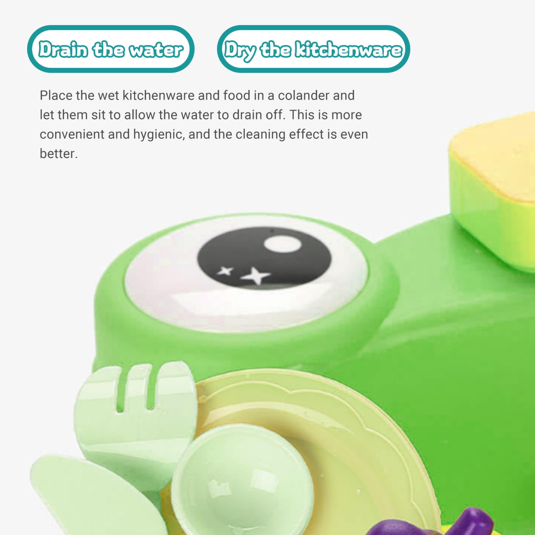 Évier pour Enfants avec Eau Courante, évier de Jeu en Plastique Grenouille avec Robinet Rotatif à 180 °, avec modèle de Jouet légumes, Fruits, Vaisselle, Panier à détergent et égouttoir, décorations
