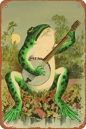 Frog Playing Banjo In Moonlight Retro Vintage Metal Tin Sign Wall Decor Retro Metal Signs 8X12 Inch #TOP4