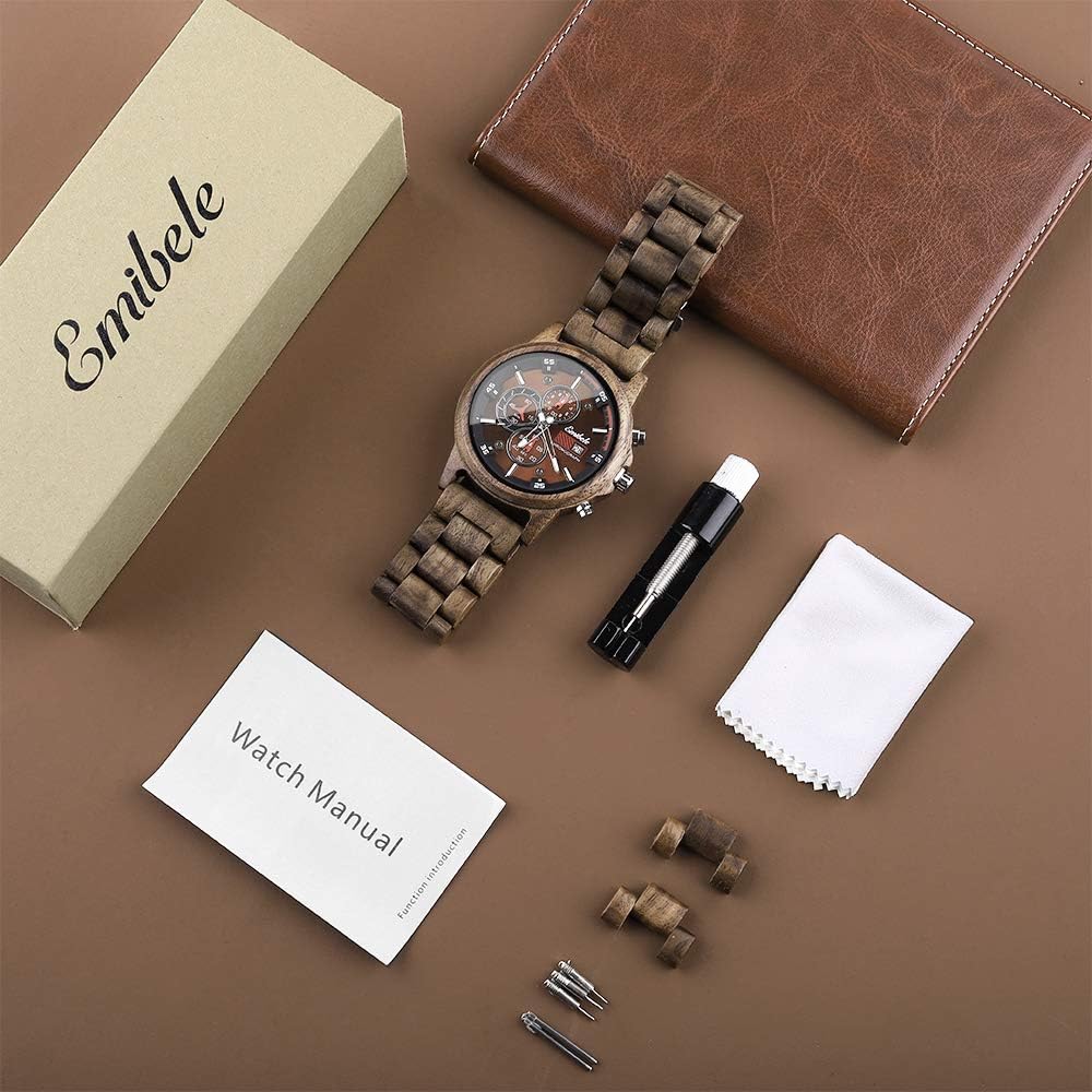 Emibele Wooden Watch for Men, Date Display Chronograph Quartz Wrist Watch, 3 Sub-dials Handmade Light Weight Luminous Watch - Walnut - Image 9