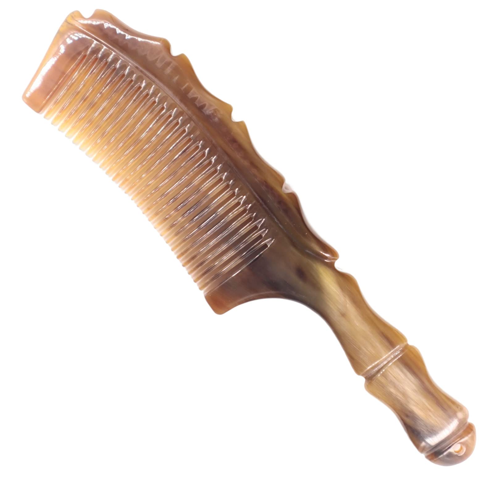 Natural Horn Detangler Comb, PROTORIGEN Handmade Ox Horn Comb anti-static, fine tooth comb, hair and scalp health comb.（Bamboo Shape)