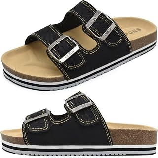 Womens Sandals Comfortable Cork Footbed Open Toe Slip on Ladies Slides 2 Adjustable Buckle Leather Strap Summer Arizona Sandles Wear-Resistant Thick Rubber Sole Black 9