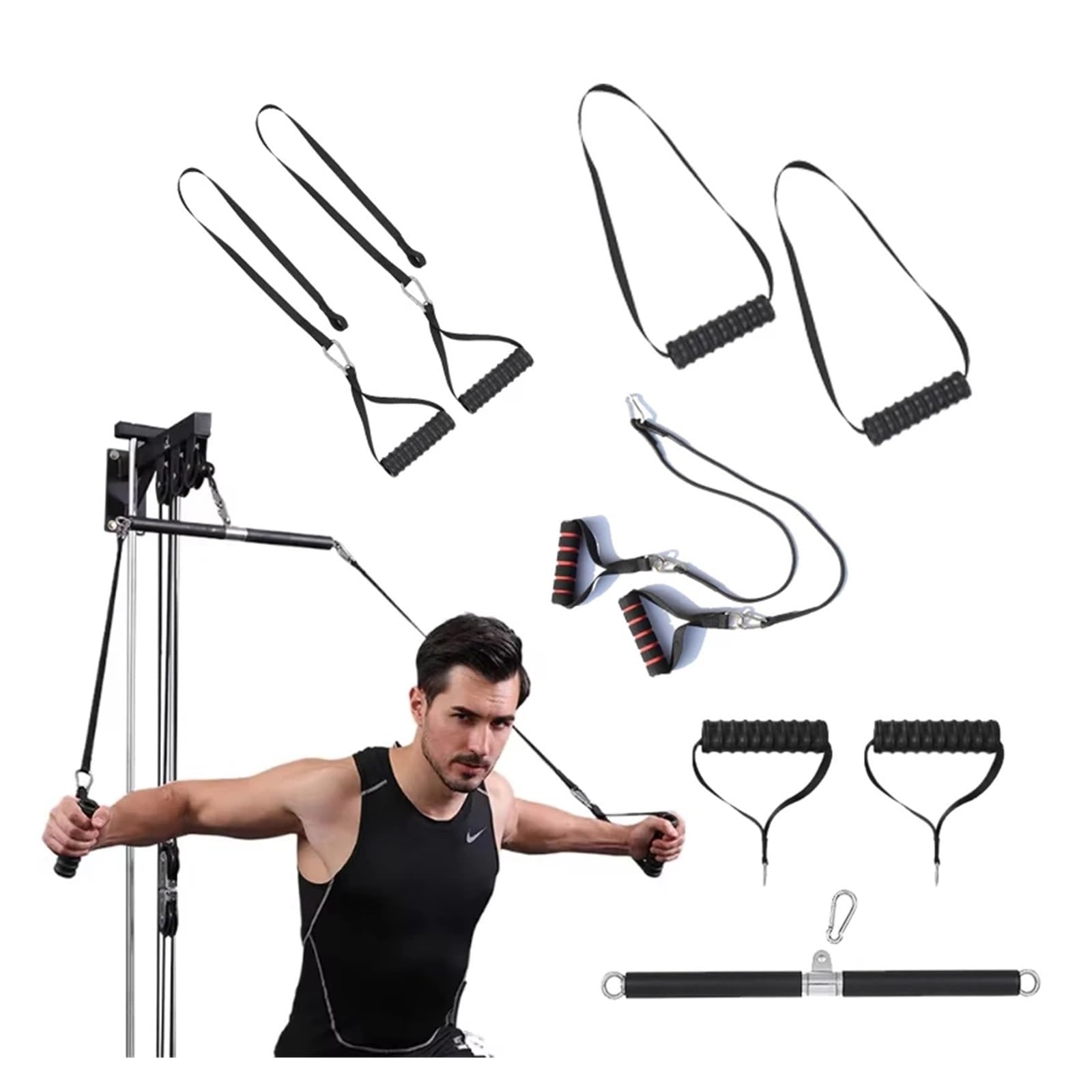 Corda for tricipiti da tirare giù con manico in plastica in spugna, fettuccia in nylon ad alta resistenza for allenamento in palestra a casa, bicipiti e(Black C)