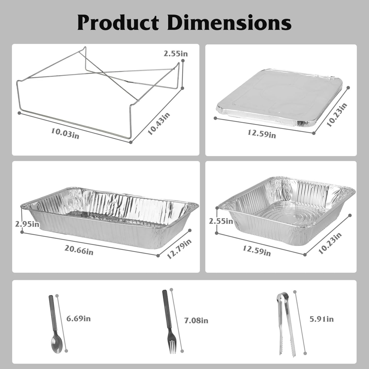 42-piece complete disposable pan set，includes 6 half-size baking pans with lids, 6 full-size baking pans, racks, and utensils - made of aluminum foil, easy to clean - perfect for weddings and partie
