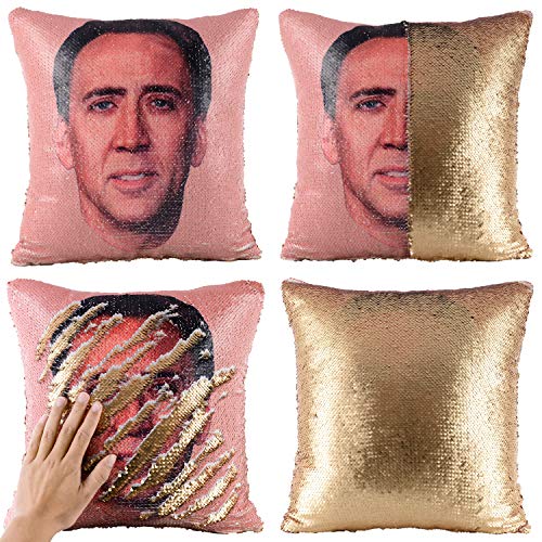 Mermaid Pillow Case Mermaid Pillow Cover Sequin Throw Pillow Case Decorative Color Change Cushion Cover Sofa Bedroom Car Kids 16 x 16 inches (Nicolas Cage A-Gold)