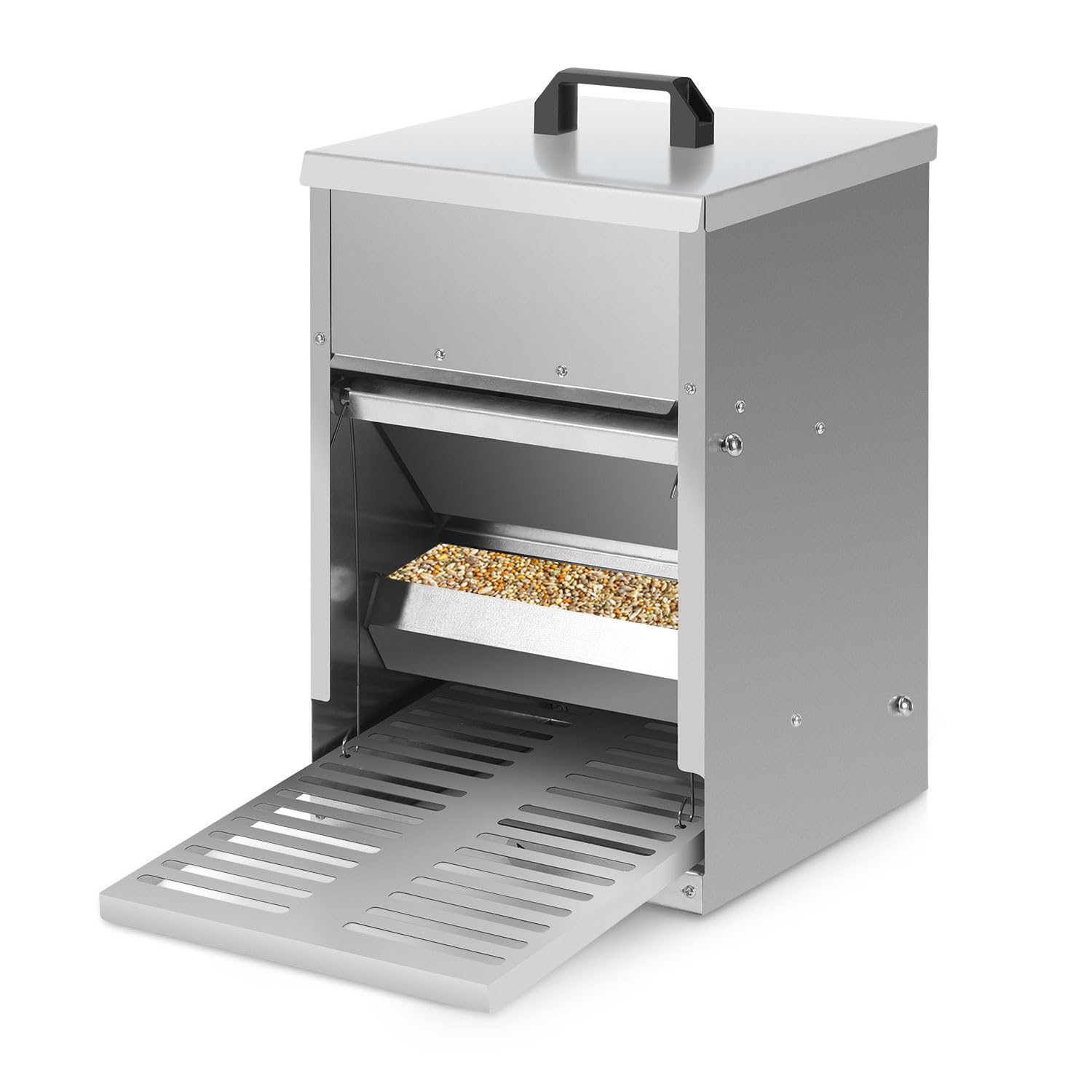 2x Fiqops Futterautomat Hühner 5KG Futterspender Futtertrog mit Automatisches Pedal und Wasserfest ,Decke Hühnerfutter für Geflügel ideales Hühner Zubehör, Wasserdicht und rattensicher, verzinkt