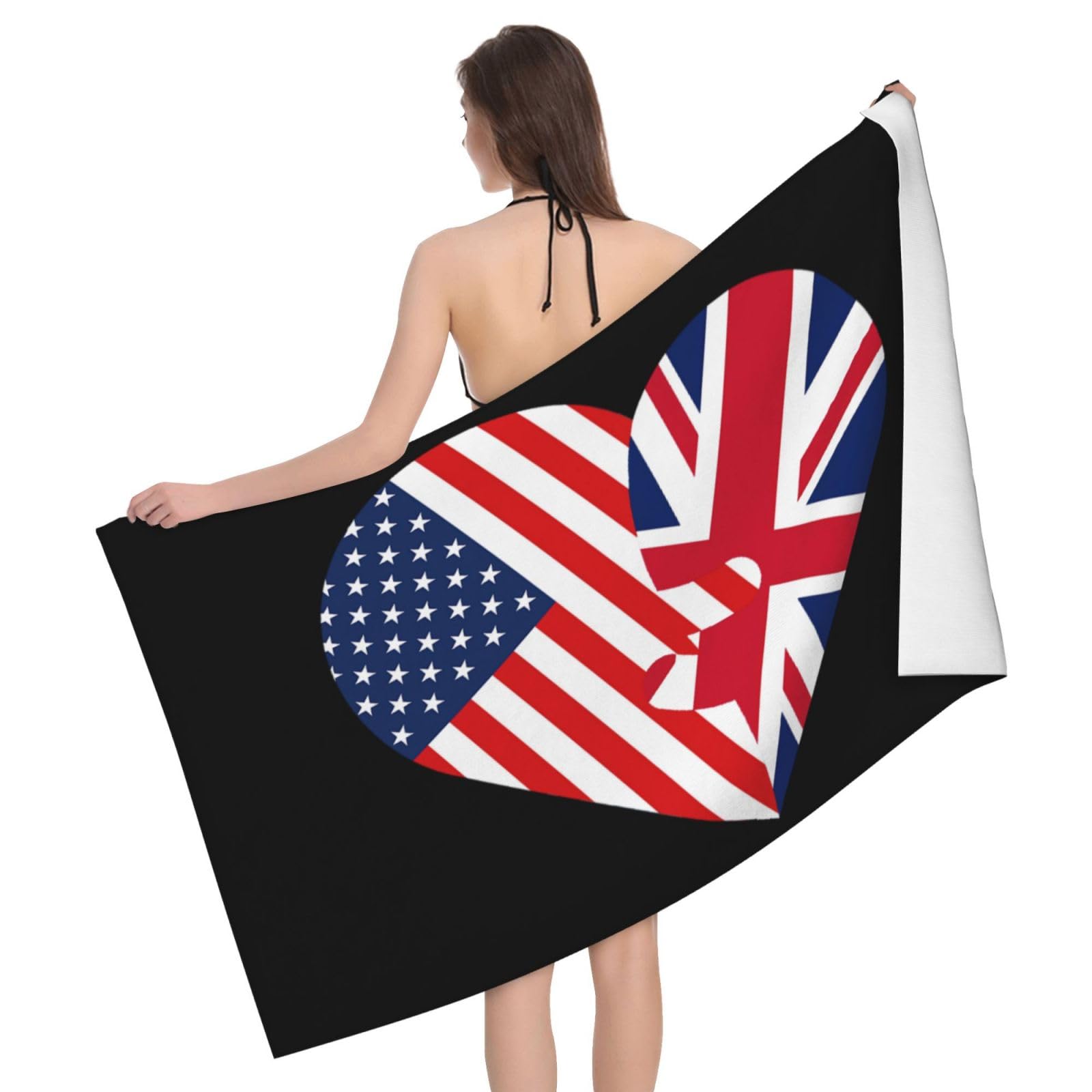 HLBSDM Microfiber Hearts America USA and Britain Flag Beach Towel Quick Dry Soft Sand Free Beach Towels for Pool Swim Beach Lightweight Thin Towels