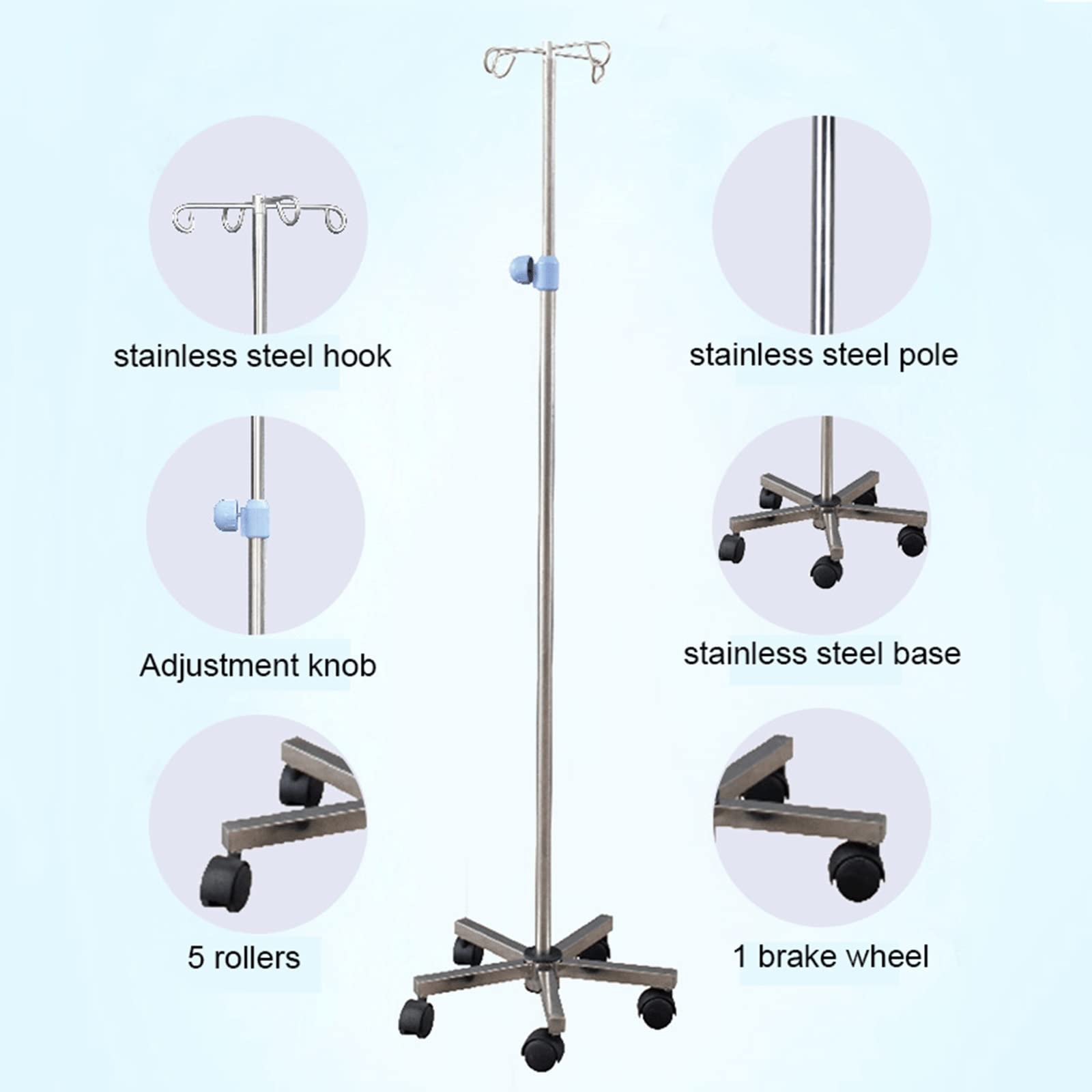 Stal nierdzewna IV Drip Stand, Stojak na kroplówkę ze stali nierdzewnej z kółkami o regulowanej wysokości 110-200 cm Multi Hook do opieki zdrowotnej