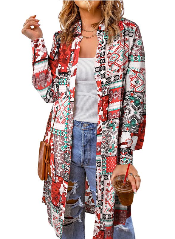 Dokotoo Womens 2023 Summer Kimono Cardigans Floral Boho Beach Cover Up Button-Down Long Sleeve Shirt Blouses