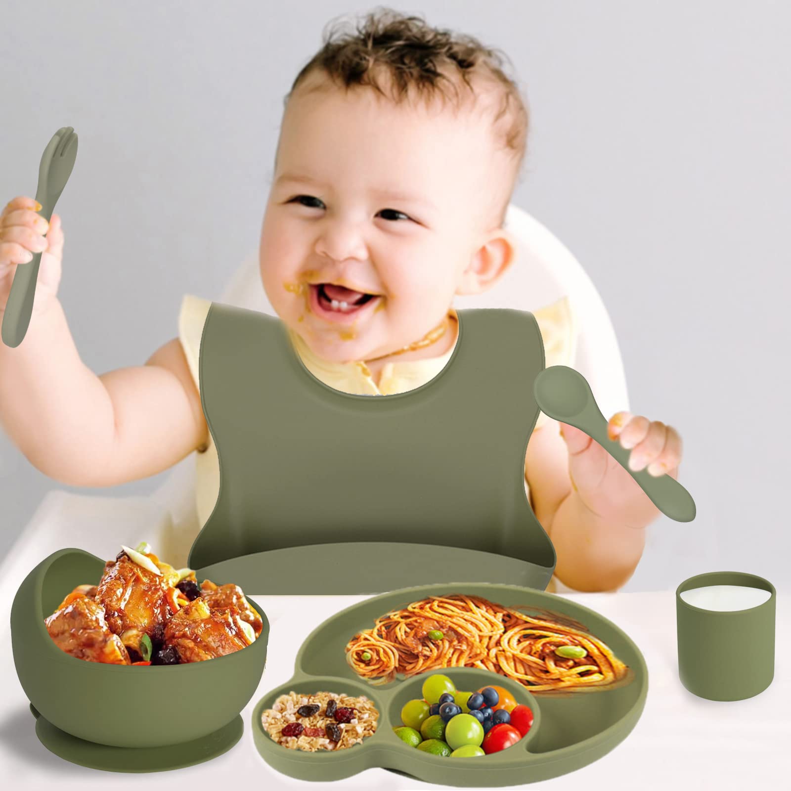 Set Repas Bébé 9 Pièces - Assiette à Ventouse, Bol, Bavoir, Cuillères En Silicone Sans BPA, Compartiments Séparés (Vert)