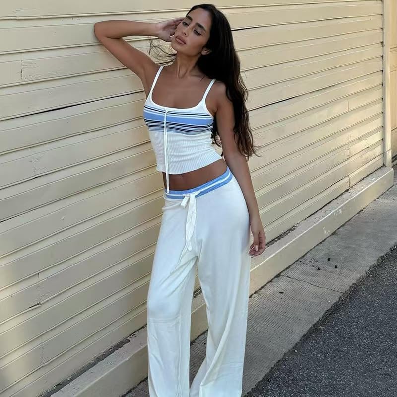 2025 Summer Women Two Piece Outfits Sets Women Vest Pants Set Sleeveless Top Loose Drawstring Waist Pants - Image 3