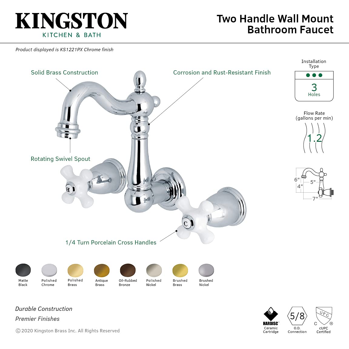 Kingston Brass KS1228PX Waschbeckenarmatur – 20 Cm Mittelwandmontage, Gebürstetes Nickel