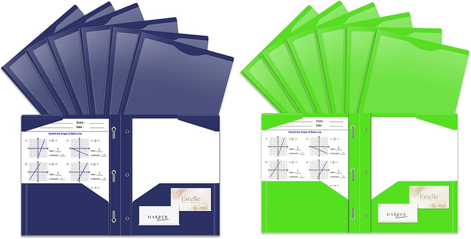 Briartw 12-Pack Heavy Duty Plastic Pocket Folders with Prongs, Navy & Mint Green Set for Letter Size, 2-Pocket Brad Folders with Clear Front Cover