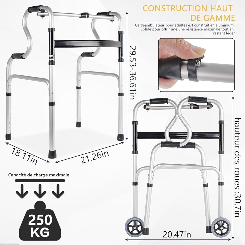 Andador plegable con altura y asiento ajustables, ayuda de movilidad de aluminio ligero para mayor estabilidad y comodidad