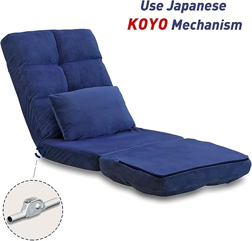 Miniatura 7 de Sofá chaise lounge para interiores, silla de piso con respaldo para adultos, silla reclinable de ajuste de 14 ángulos, tumbona plegable con almohada