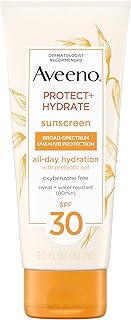 Aveeno Protect + Hydrate Moisturizing Sunscreen Lotion with Broad Spectrum SPF 30 & Prebiotic Oat, Weightless Sweat & Water-Resistant Full Body Sunscreen, Oxybenzone-Free, 3.0 fl. oz