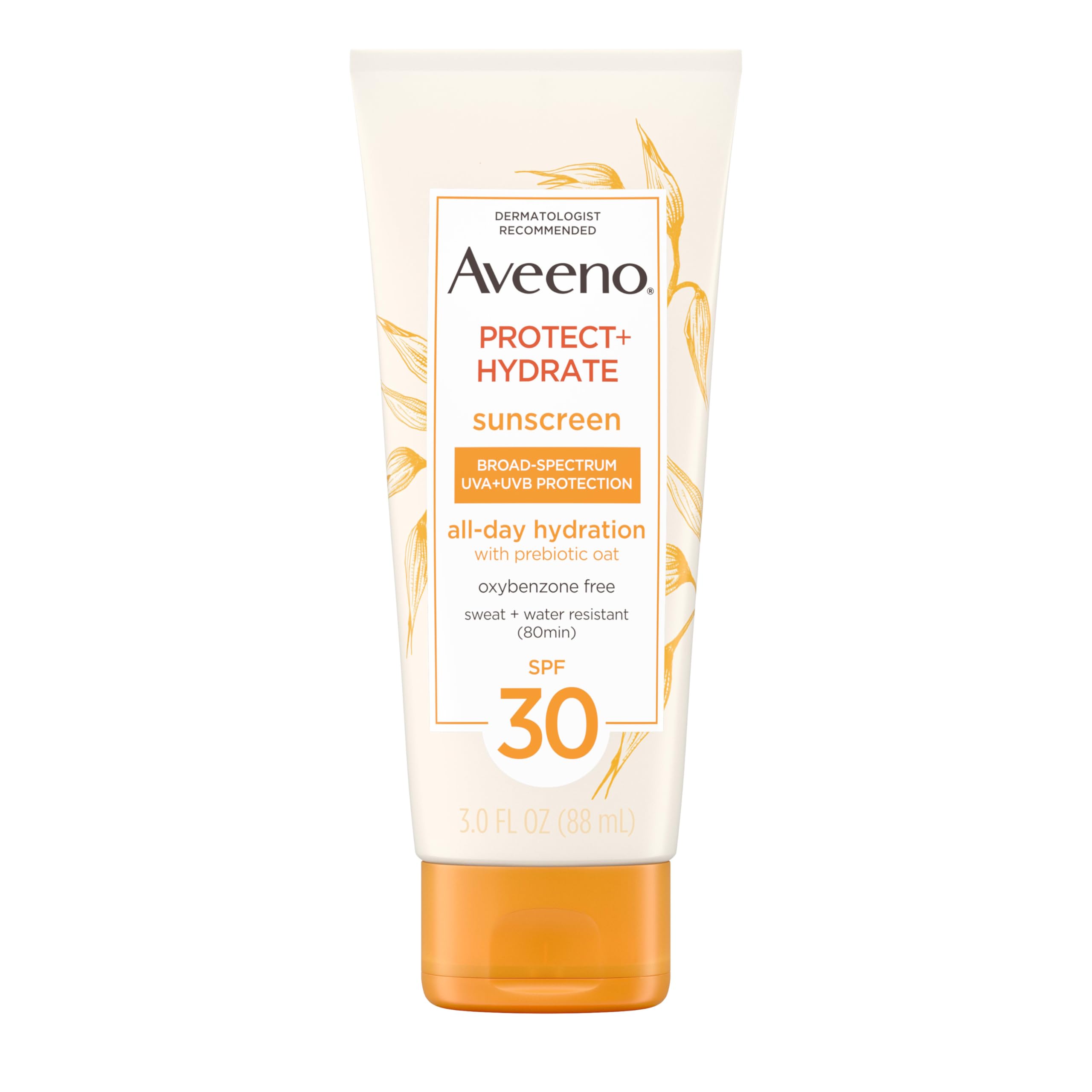 Aveeno Protect + Hydrate Moisturizing Sunscreen Lotion with Broad Spectrum SPF 30 & Prebiotic Oat, Weightless Sweat & Water-Resistant Full Body Sunscreen, Oxybenzone-Free, 3.0 fl. oz
