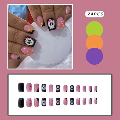 Miniatura 2 de Uñas postizas a presión de Halloween, cuadradas, medianas, color rosa, negro, gótico, calavera, flores, diseños de flores, uñas postizas acrílicas