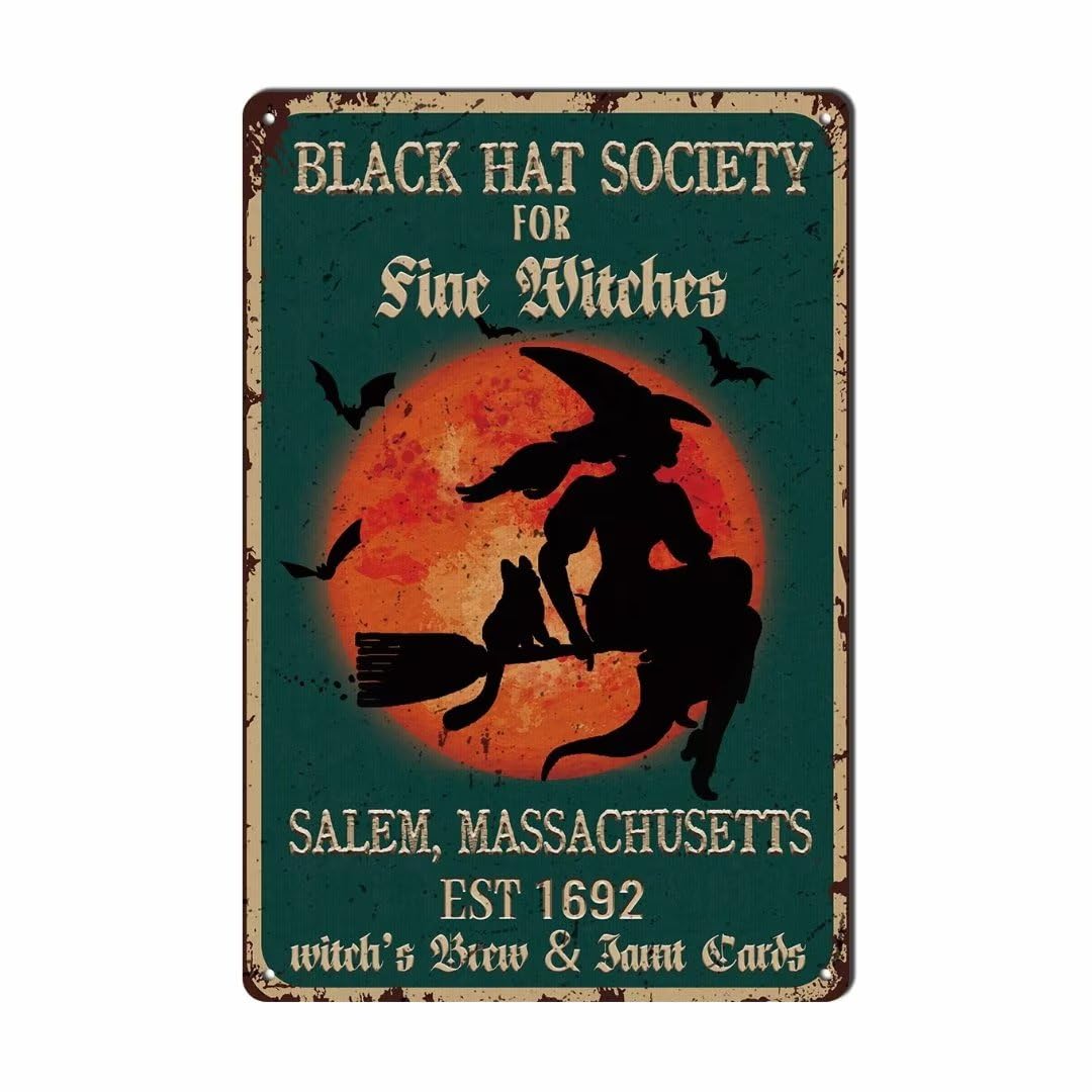 bivrten Black Hat Society for Fine Witches Poster Sign - Vintage Retro Metal Tin Sign Witches Halloween Decor For Bedroom Garden Coffee Bathroom Bar Farmhouse Country Home 8x12Inch