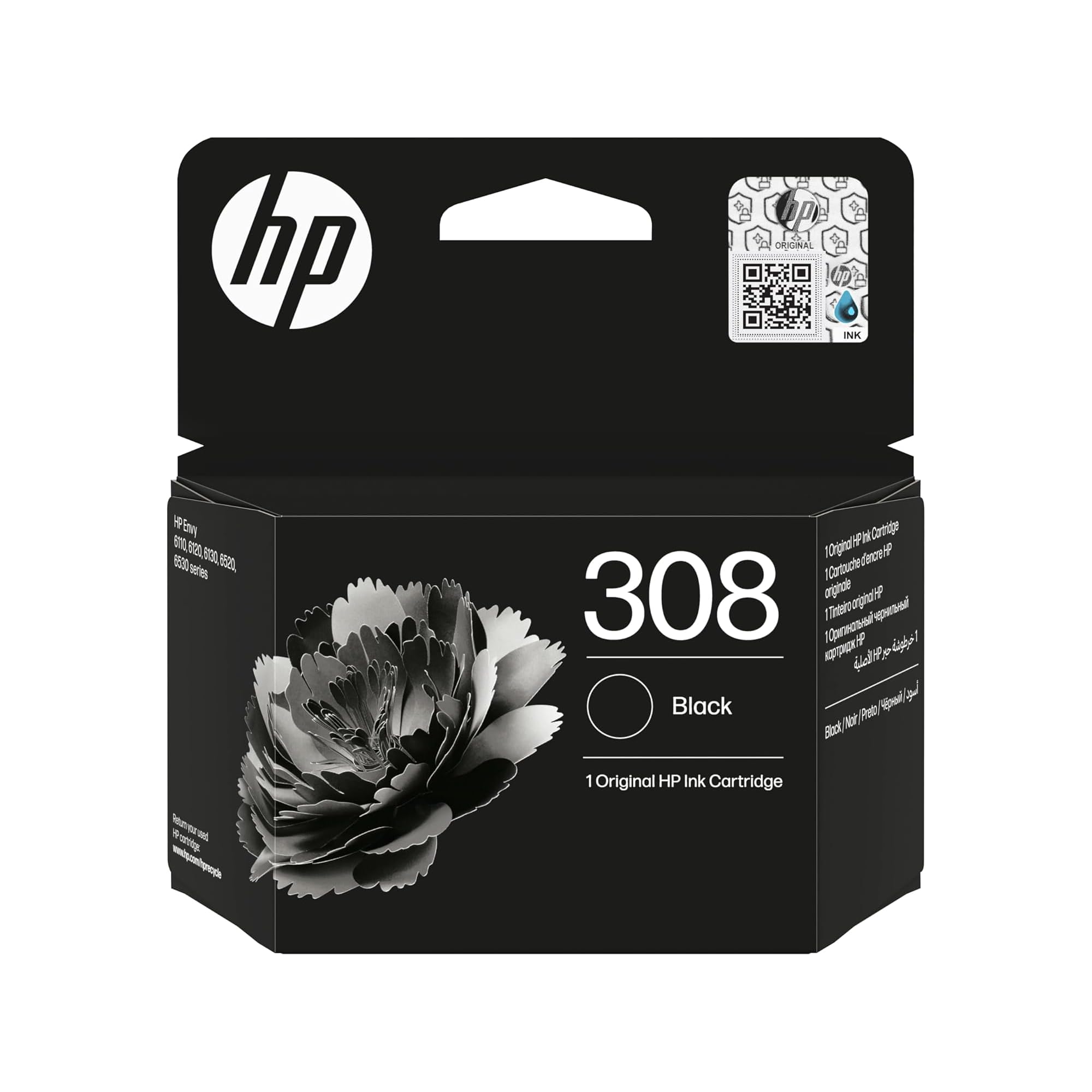 HP 308 Negro, 7FP21UE, Cartucho de Tinta Original, Compatible con Las Series de impresoras Envy 6110e, 6120e, 6122e, 6130e, 6132e, 6520e, 6530e, 6532e