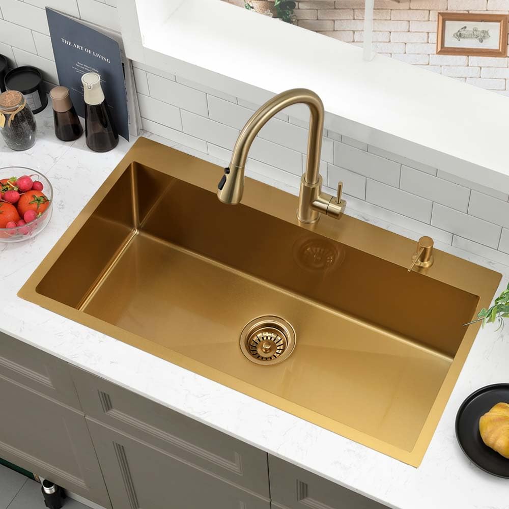 Wesliv 33x22 Inch Drop In Kitchen Sink, Gold Stainless Steel Top