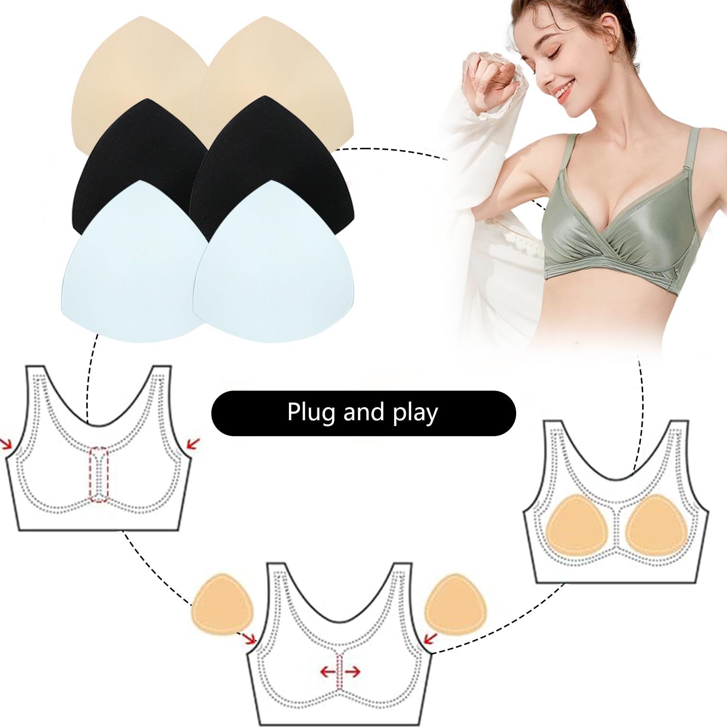 Wkładki do biustonosza, 3 pary wyjmowanych biustonoszy sportowych, wkładki do bielizny, wkładki do bikini, wyściółka biustonosza, push up, trójkątny biustonosz, oddychający, miękki, dla dziewcząt