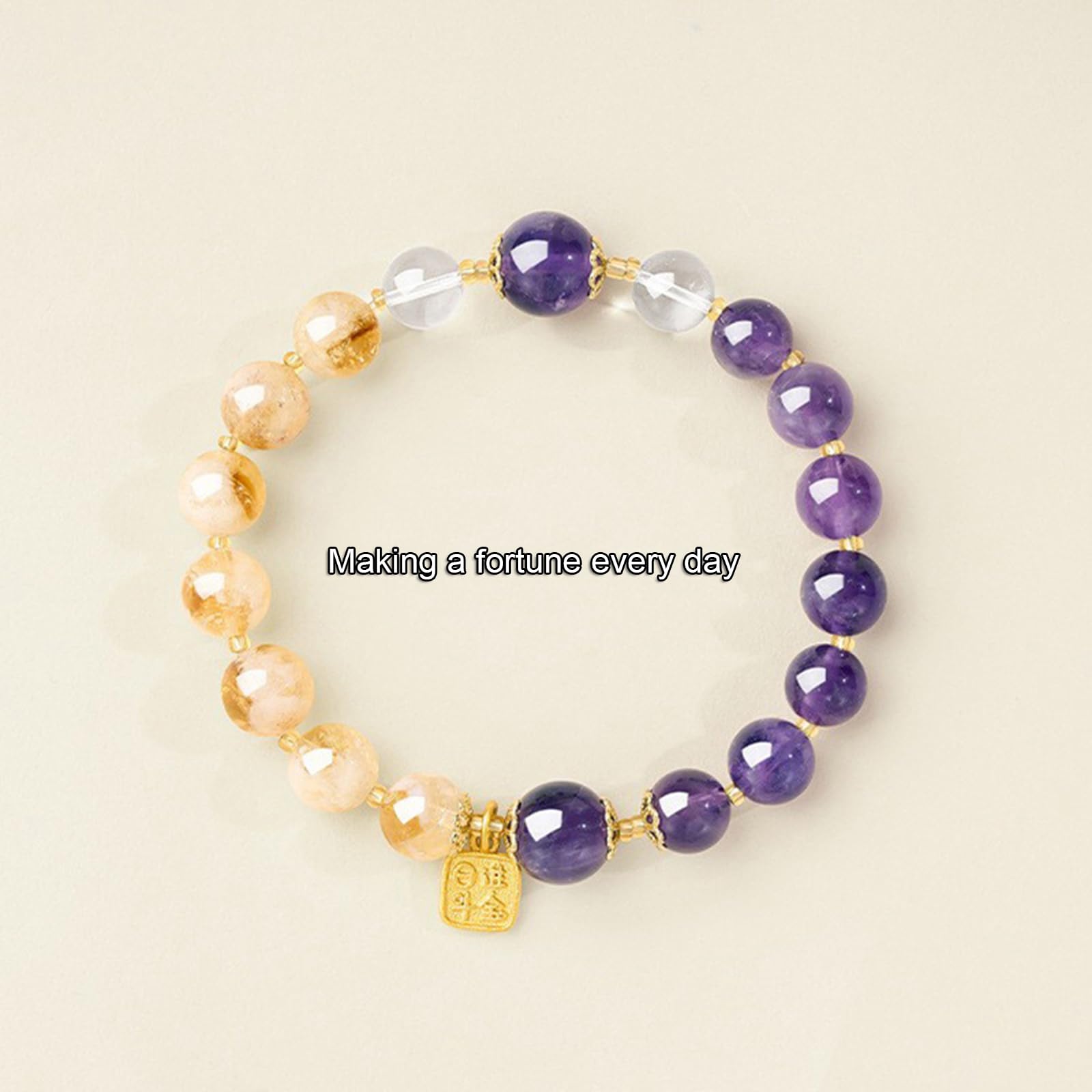 Bracciale con Ametista citrino Naturale – Bracciale Elasticizzato Fatto a Mano con Doppia Pietra preziosa per Donna, Bracciale con Equilibrio Fortunato di ricchezza e prosperità