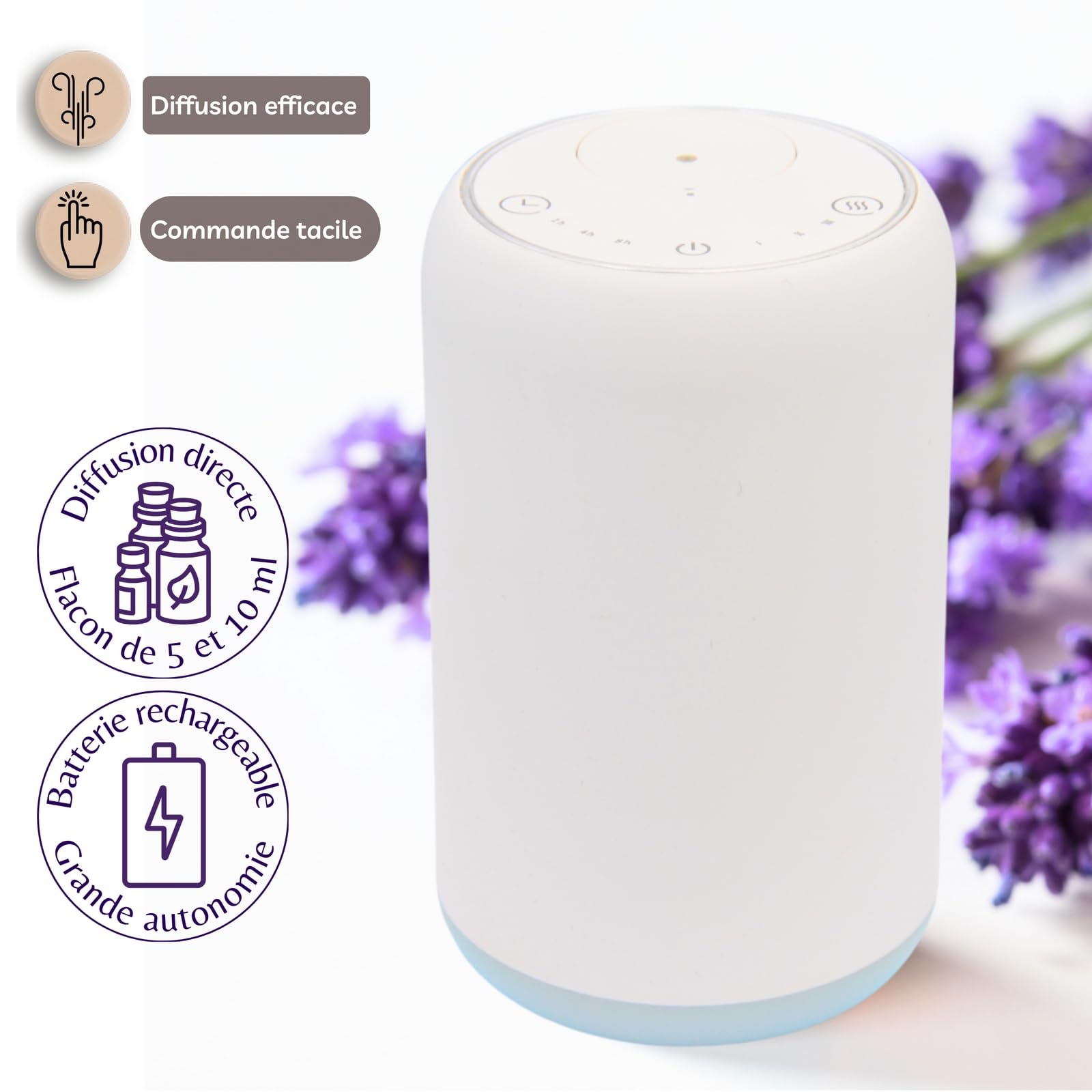 Zen'Aroma Difusor de Aceite Esencial por nebulización nómada Movisia V2, Superficie de difusión de hasta 80 m², Botones táctiles, batería Recargable, inalámbrica, luz LED integrada