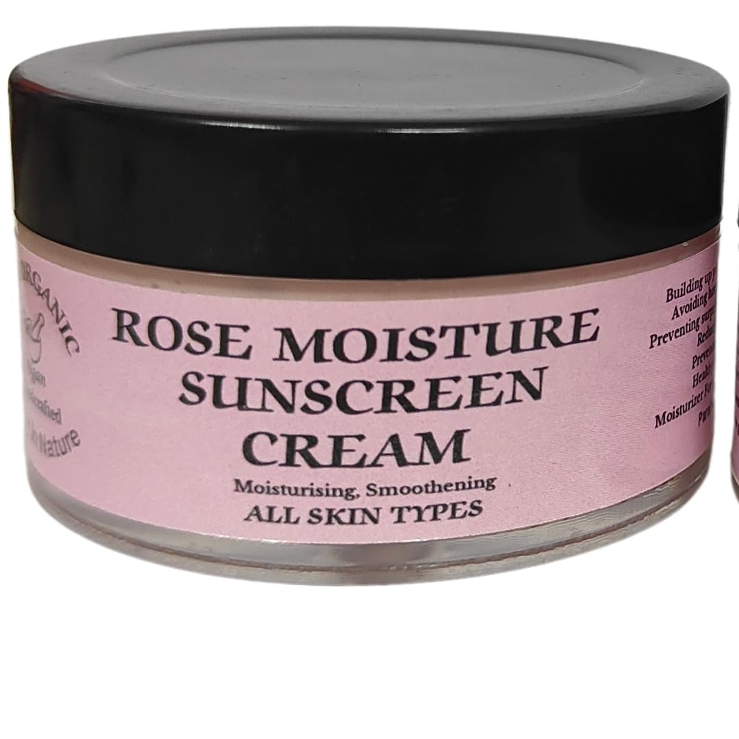 ROSE MOISTURE SUNSCREEN CREAM FOR ULTRA LIGHT FACE AND HAND ENRICHED WITH FARM FRESH ROSES, VITAMIN -A,E & NATURAL, FLAXSEED, AND HERBS. ALL SKIN TYPES MEN, WOMEN, TEEN 50 GRAMS