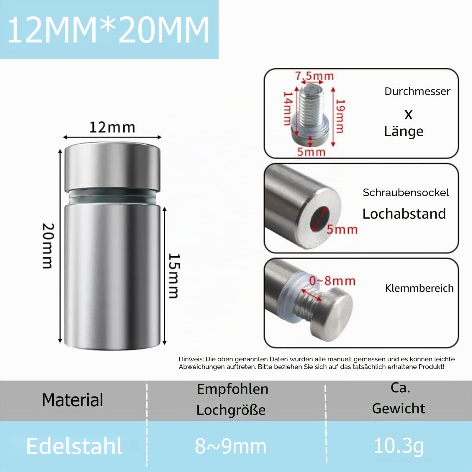 20er-Set Abstandshalter Aus Edelstahl – 19x25 Mm Werbeschrauben Mit Dübeln & Schrauben, Für Glasschilder, Spiegel Und Acrylplatten