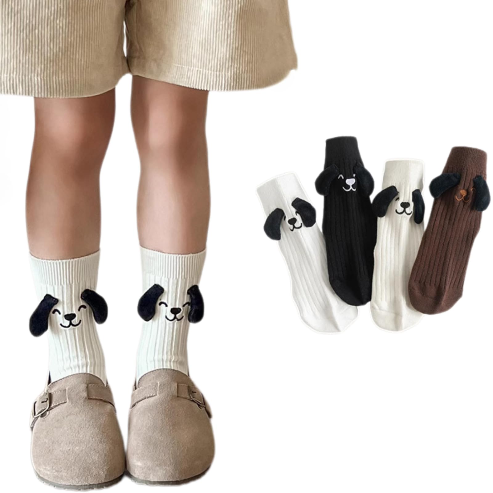 4 Pairs Kids Cute Dog Ear Crew Cotton Socks for Spring/Autumn, Girls' Boys' Toddler Mid-Calf Socks (1 pair of each,9-12 Years,US,Age,9 Years,12 Years)