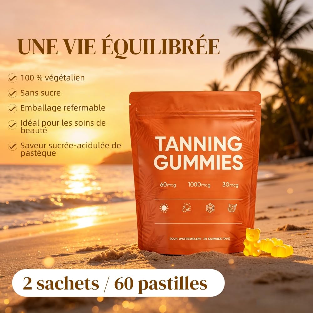 Gummies Autobronzant,60pcs Autobronzantes,Gummies Bronzantes,Gommes Bronzage Peau,Associant bêta-carotène et L-lycopène pour rehausser l'éclat naturel de peau