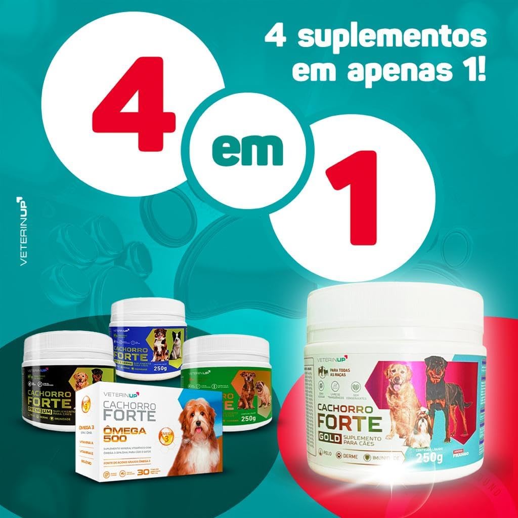 Suplemento Cachorro Forte Gold 250G | 4 em 1 | Deixa Pelos Saudáveis, Energia, Suporte Articular e Digestão Canina | Rico em Ômega 3, Condroitina e Glucosamina | Indicado por Veterinários | VeterinUp Suplemento Cachorro Forte Gold 250G | 4 em 1 | Deixa Pelos Saudáveis, Energia, Suporte Articular e Digestão Canina | Rico em Ômega 3, Condroitina e Glucosamina | Indicado por Veterinários | VeterinUp