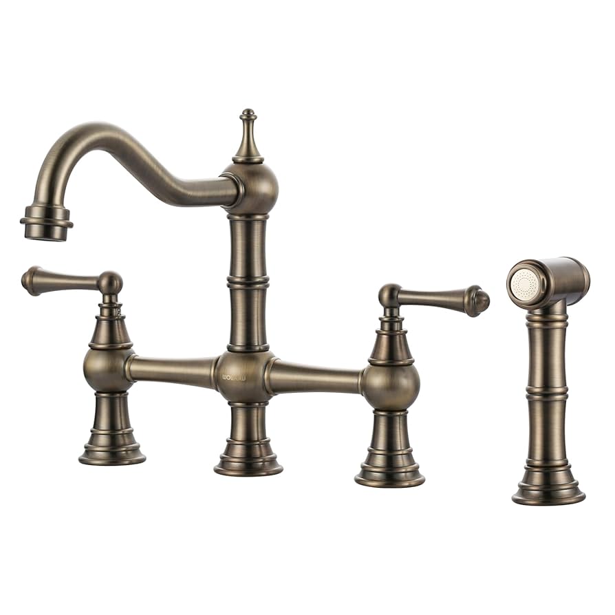 Bridge Kitchen Faucet with Side Sprayer, WOWOW Solid Brass