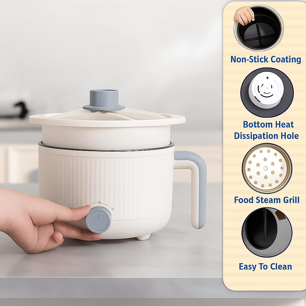 MOOKA Mini Multipurpose Electric Cooker Kettle With Steamer 1.5 Liter Inner Pot Non-Stick Hotpot Cooker For Cooking Hot Water Rice Idli Momos Tea 600W Portable Travel 4