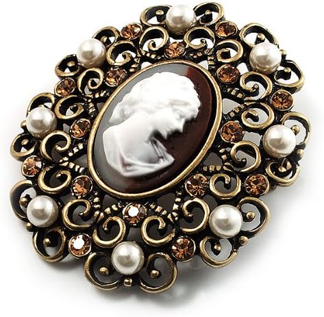 Imitation Pearl Filigree Cameo Brooch (Bronze Tone), white / ivory, brown, copper, orange, bronze - Image 3
