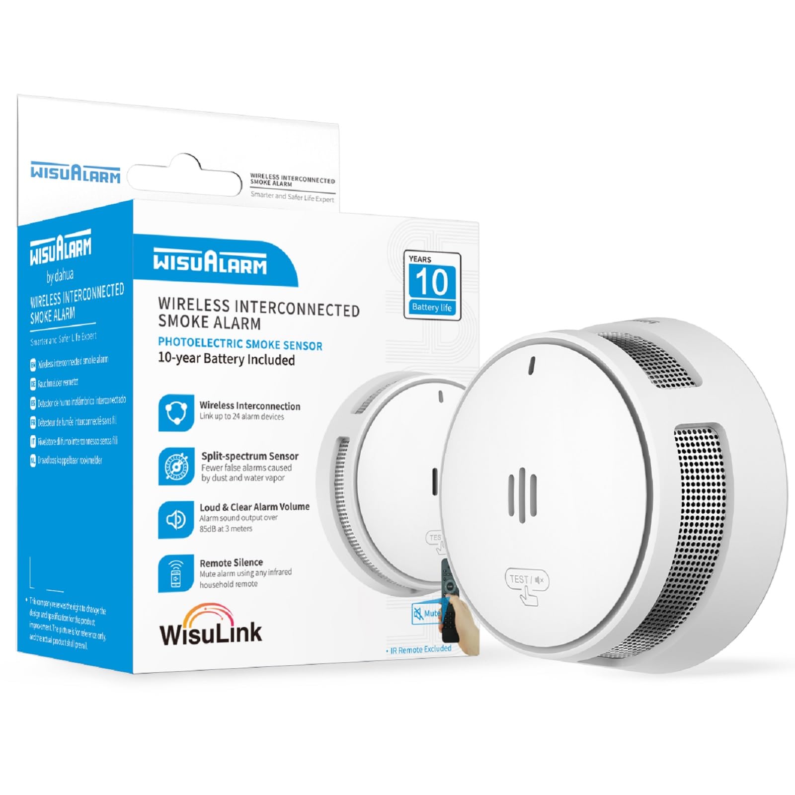 Wisualarm Wireless Interlinked Smoke Alarm, Smoke Detector for Home, 10-Year Battery Photoelectric Fire Alarm, Test/Silence Button, 85dB Alarm Sound, EN 14604 Certified (1*smoke alarm)