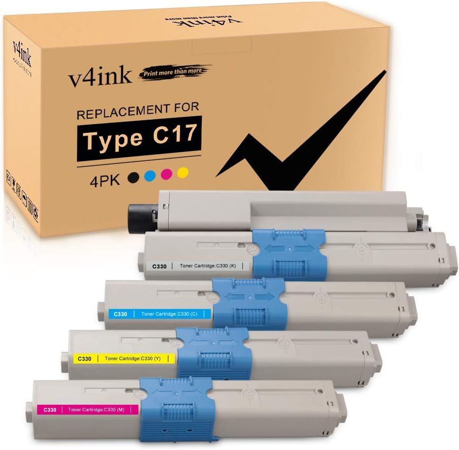 v4inkCompatible Toner Cartridge Replacement for Oki Type C17 C330 (KCMY,4-Pack),for use in OKI C310dn C330dn C510dn C530dn MC362w MC562w Series Printers
