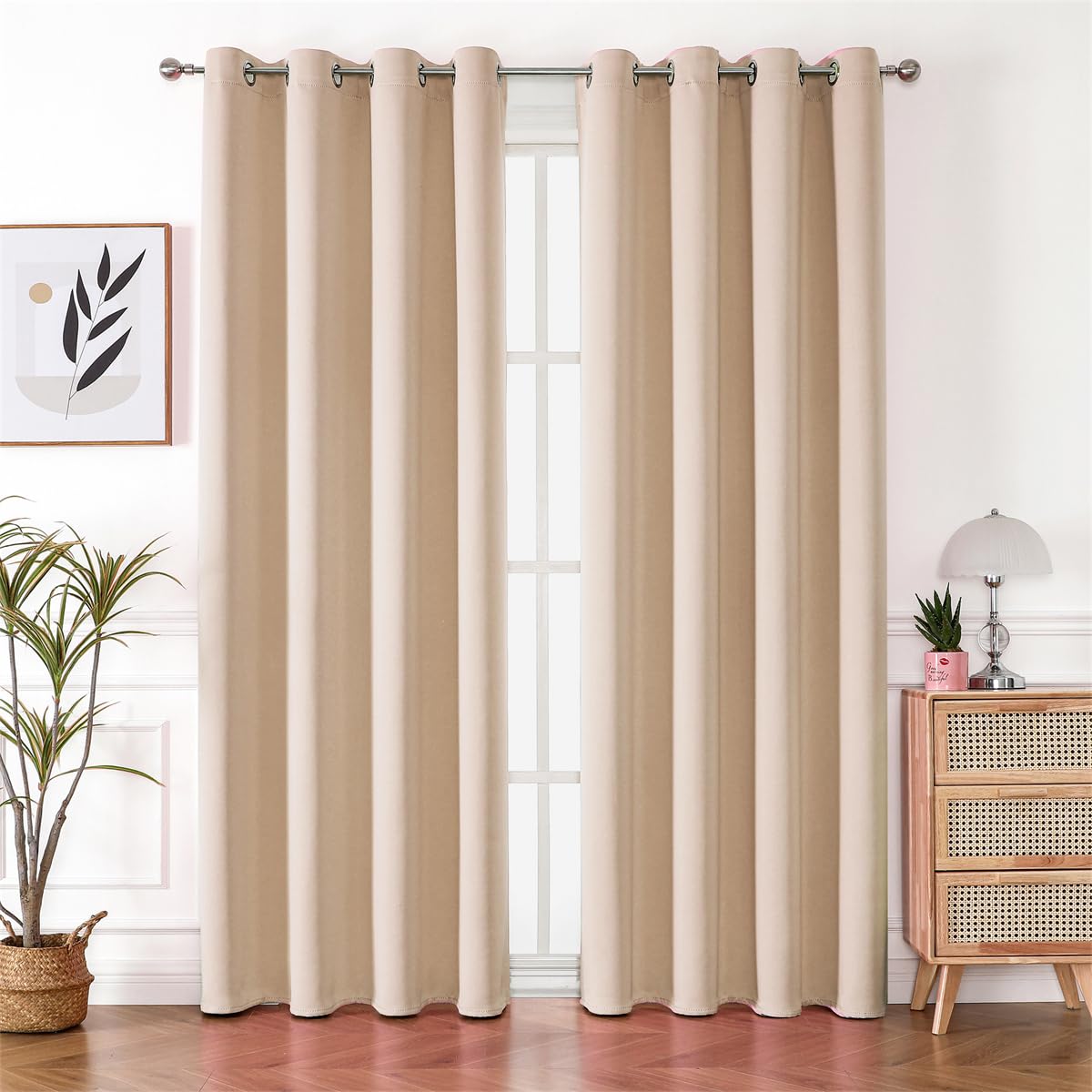 GYROHOME Sleek Room Darkening Blackout Curtains Light Blocking Thermal Insulated Window Treatment Grommet Top Drapes for Living Room, 2 Panels, Beige,