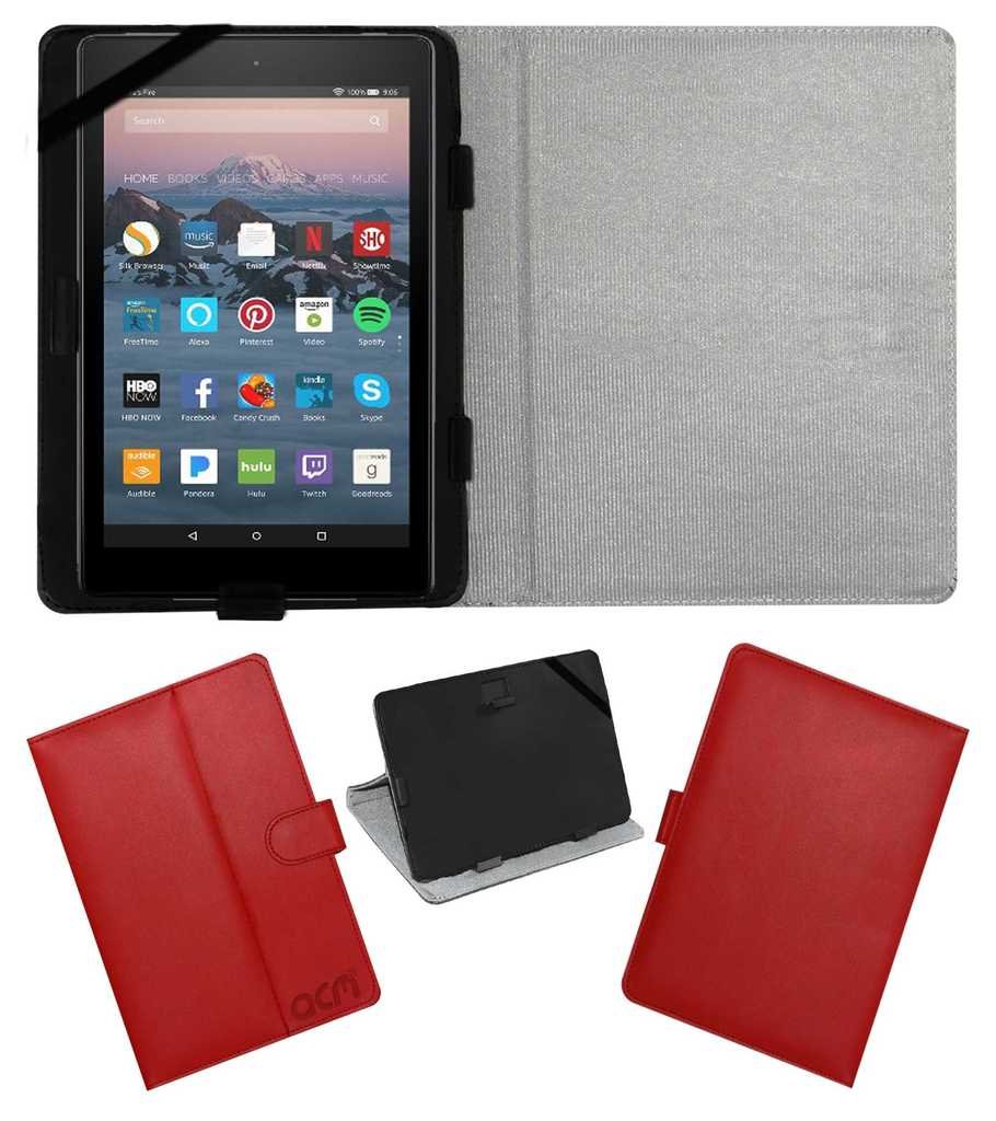 ACM Leather Flip Flap Case Cover Stand Compatible with Amazon Fire 7-inch Tablet (Red)