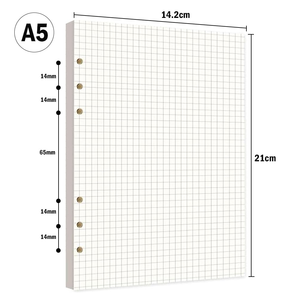 270 Feuilles A5 Recharge Papier en Quadrillé 6 Trous Vierge Feuillets Mobiles pour A5 Carnet Rechargeable Remplacer Pages Intérieures 540 Pages