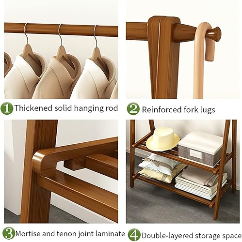 Miniatura 3 de Perchero de madera de bambú, con estantes de almacenamiento, perchero colgante de ropa, para entrada, sala de estar y dormitorio (marrón 26.0 x 15.7
